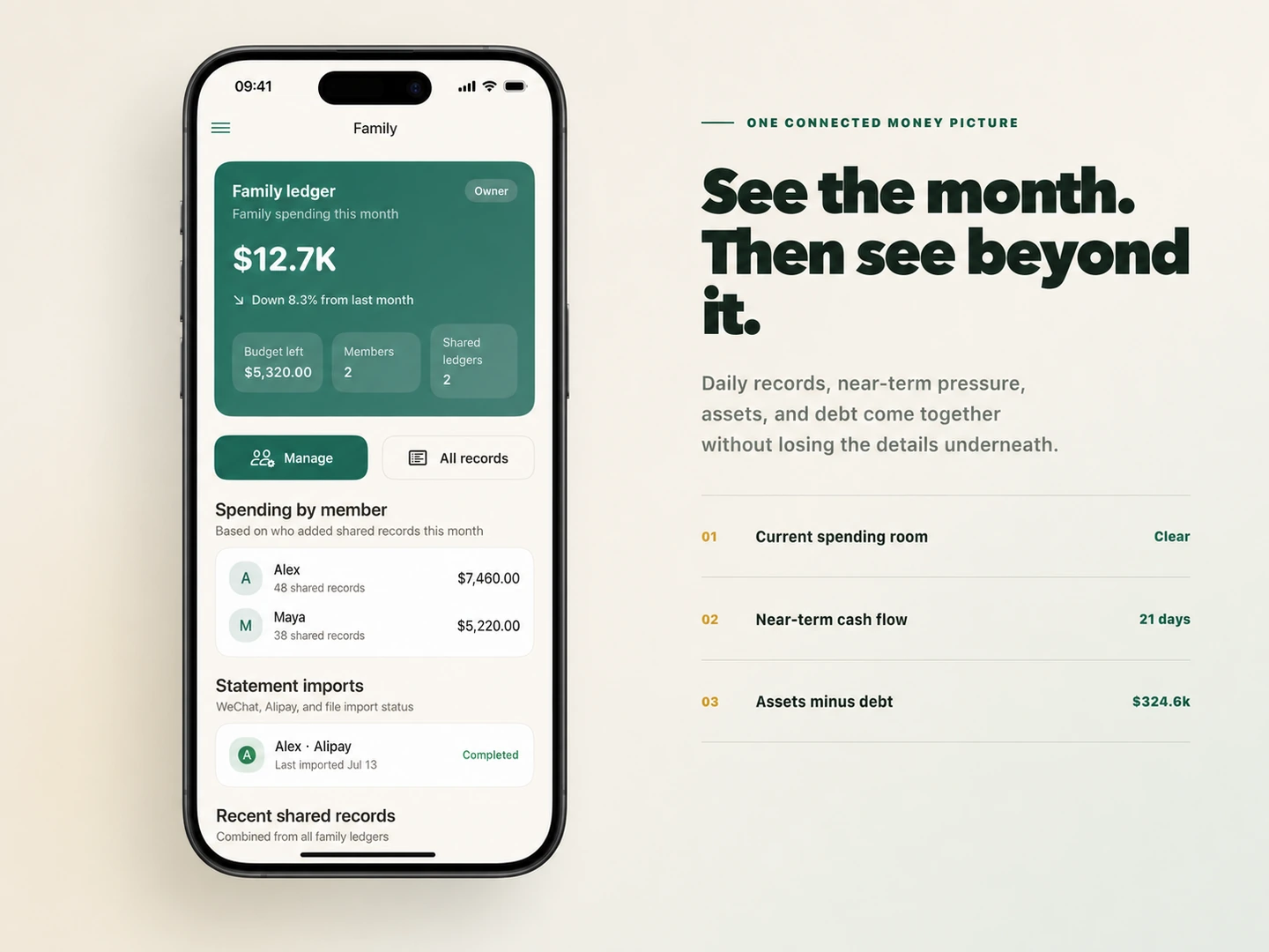 suiwise Family screen showing shared spending, members, ledgers, and imports